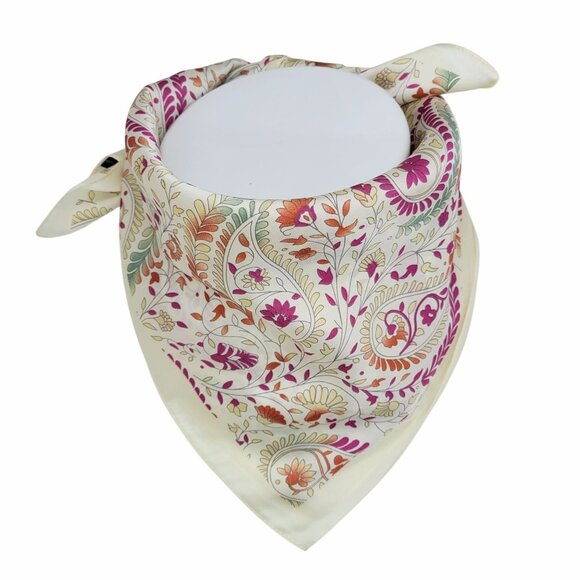 ✨ Elegant Bandana Square Scarf Silky Satin Beige Pink  Floral Paisley Versatile - Picture 2 of 6